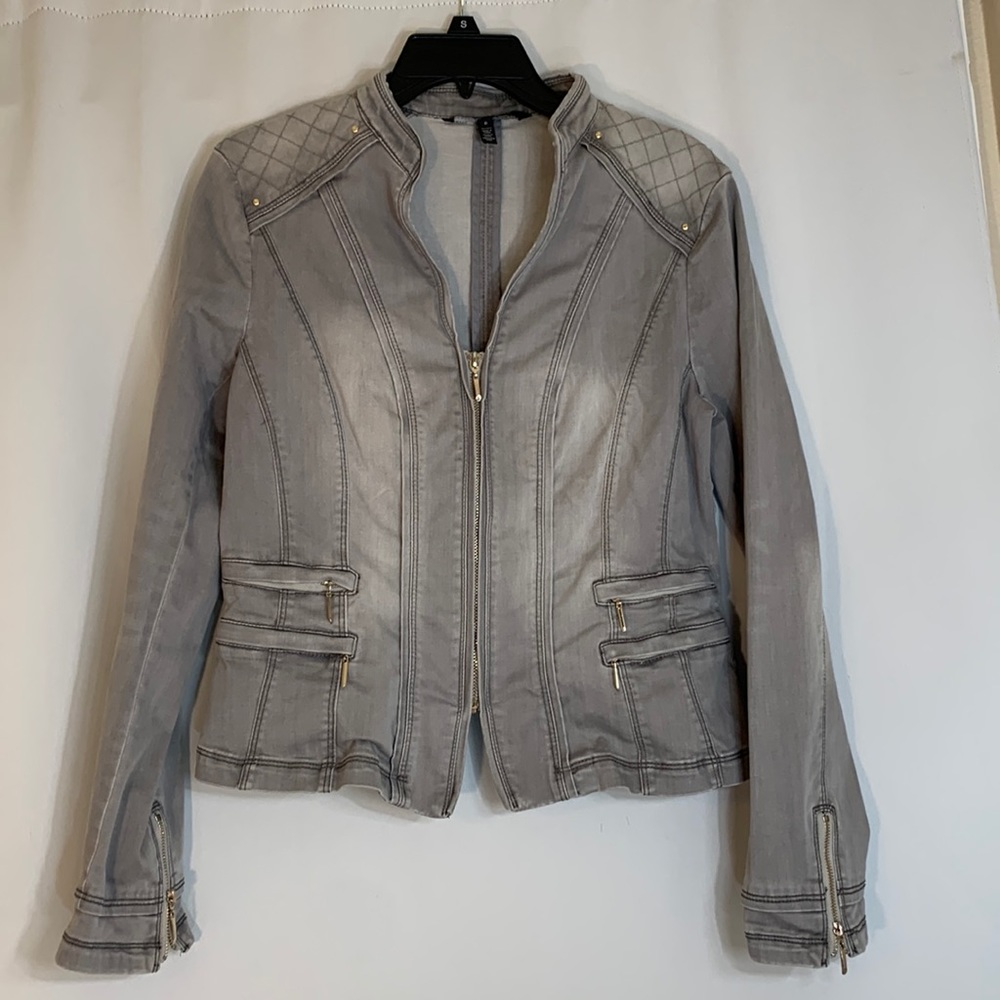 WHITE HOUSE BLACK MARKET WASHED GRAY STRETCH MOTO DENIM JEAN JACKET 6 STUD